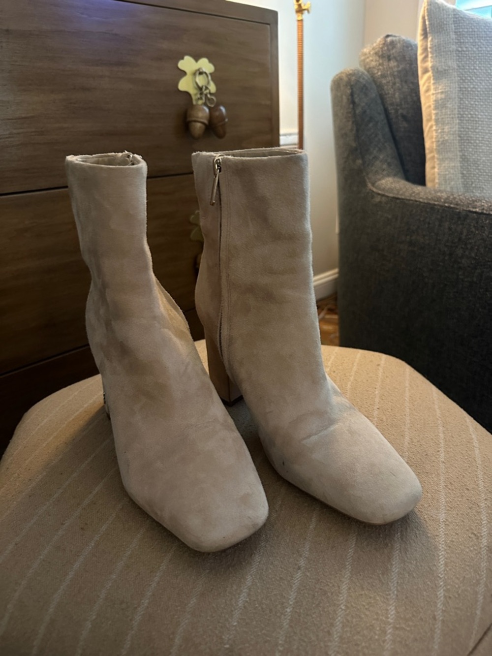 Sam Edelman Light Beige Suede Ankle Booties with Side Zip